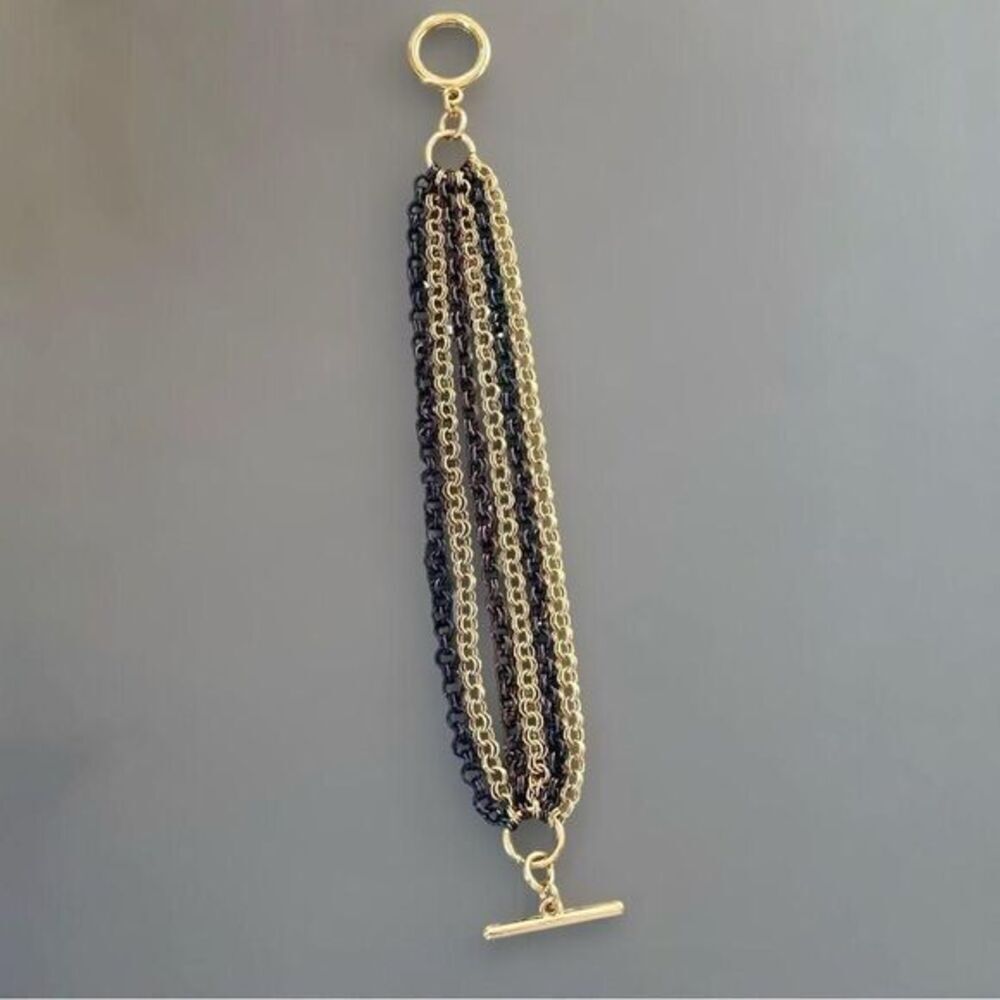 Vintage Maria Rabelo Bijoux Multi Strand Black Gold Tone Chain Bracelet Jewelry‎